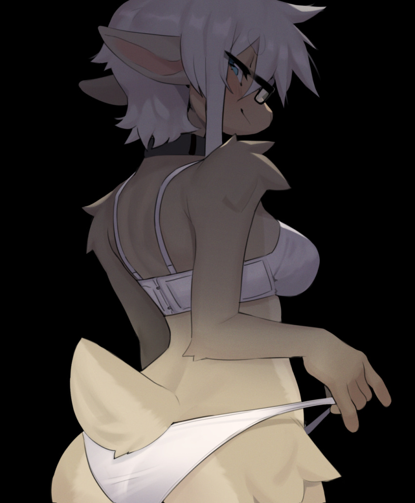 anthro blush bovid bra caprine clothed clothing clothing_pull collar eyewear female glasses hair hi_res looking_back mammal panties panty_pull sheep smile solo underwear underwear_only underwear_pull white_hair wilma_the_sheep woolrool