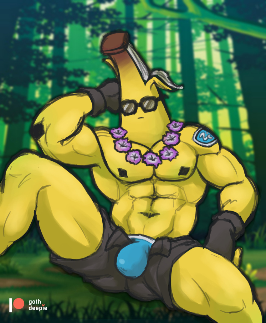 2024 abs absurd_res banana big_muscles blue_clothing blue_underwear bottomwear bulge clothed clothing elemental_creature elemental_humanoid epic_games eyewear flora_fauna food food_creature food_humanoid fortnite fruit fruit_humanoid gloves gothdeepie hand_behind_head handwear hi_res humanoid living_fruit male muscular muscular_humanoid muscular_male navel not_furry open_bottomwear open_clothing open_shorts pecs peely plant plant_humanoid shorts solo spread_legs spreading sunglasses topless underwear yellow_body yellow_skin