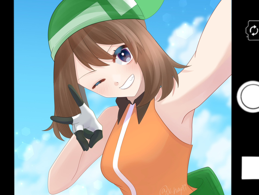 1girl bandana bare_arms bare_shoulders blue_eyes blue_sky breasts brown_hair close-up cloud collared_dress dress fake_phone_screenshot fake_screenshot gloves green_bandana highres light_blush looking_at_viewer may_(pokemon) medium_breasts one_eye_closed orange_dress out_of_frame pokemon pokemon_emerald pokemon_rse selfie sky sleeveless smile solo upper_body v x_napii