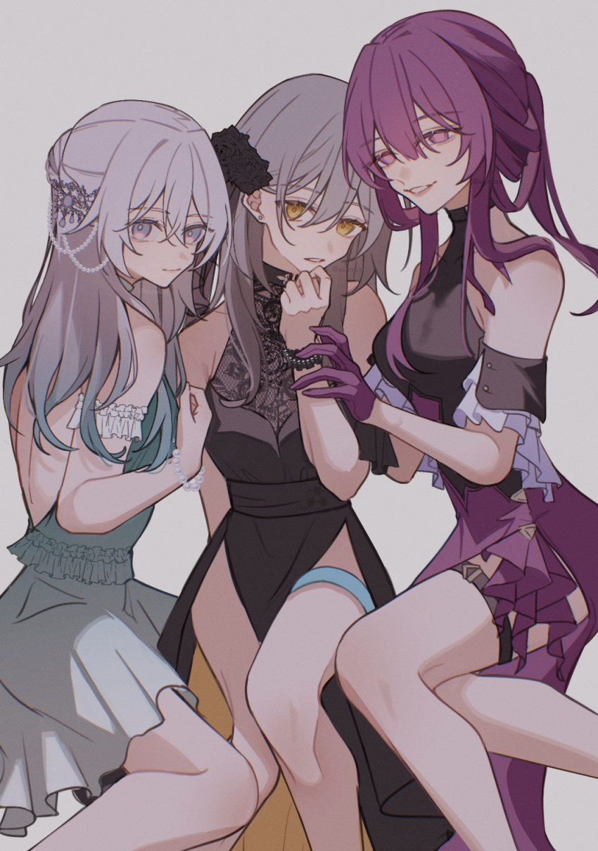 3girls alternate_costume arm_cuffs backless_dress backless_outfit bare_shoulders black_dress dress firefly_(honkai:_star_rail) green_dress grey_eyes grey_hair highres hive328 honkai:_star_rail honkai_(series) kafka_(honkai:_star_rail) long_hair multiple_girls purple_eyes purple_hair simple_background sleeveless sleeveless_dress smile stelle_(honkai:_star_rail) trailblazer_(honkai:_star_rail) white_background white_hair yellow_eyes