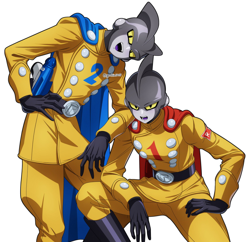 android arm_on_shoulder artist_name black_footwear blue_cape boots brothers cape colored_sclera colored_skin dragon_ball dragon_ball_super dragon_ball_super_super_hero energy_gun fins gamma_1 gamma_2 grey_skin head_fins highres jacket looking_at_viewer mine1225 pants red_cape siblings simple_background weapon white_background yellow_jacket yellow_pants yellow_sclera