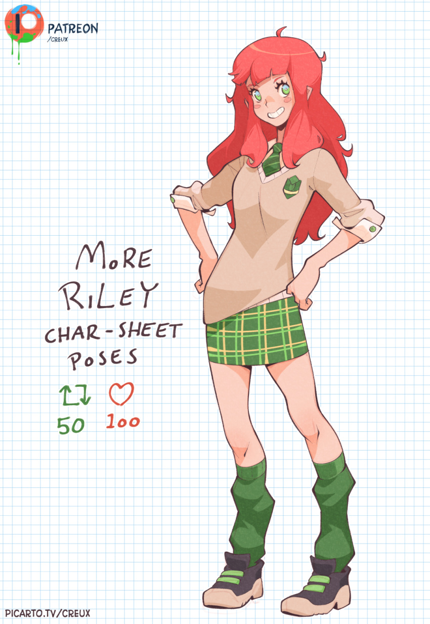 1girl ahoge breasts creux english_commentary english_text full_body green_eyes green_socks grin hands_on_own_hips highres kneehighs long_hair looking_at_viewer medium_breasts necktie original patreon_logo picarto_username pleated_skirt red_hair riley_(creux) school_uniform skirt sleeves_rolled_up smile socks solo splatball_(creux) standing teeth web_address