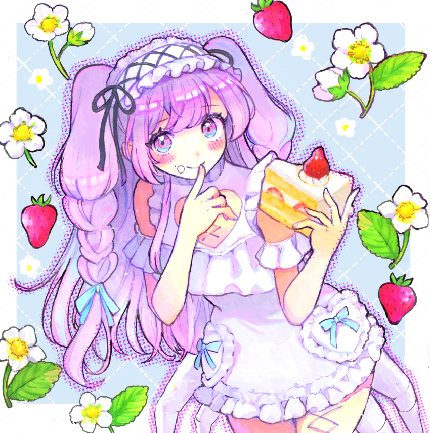 1girl absurdres amiya_aranha amiya_aranha_(1st_costume) arthropod_limbs blush braid cake clothing_cutout commission crumbs dress extra_legs food food_on_face frilled_dress frills fruit hairband heart_cutout highres holding holding_cake holding_food indie_virtual_youtuber kanna_nijiniji leaning_forward lolita_hairband long_hair looking_at_viewer second-party_source skeb_commission sleeveless sleeveless_dress smile solo strawberry traditional_media two_side_up very_long_hair virtual_youtuber