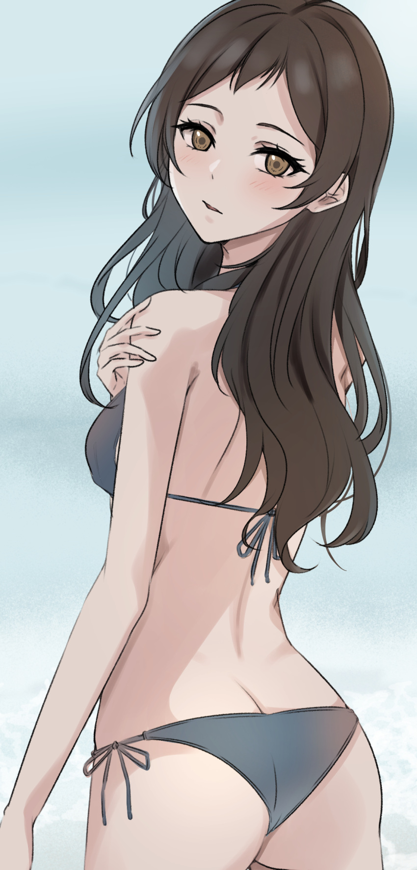 1girl ass back bare_arms bare_shoulders bikini black_bikini black_hair blush breasts brown_eyes cowboy_shot dot_nose eyelashes from_behind hand_on_own_arm highres idolmaster idolmaster_million_live! idolmaster_million_live!_theater_days kitazawa_shiho long_hair looking_at_viewer looking_back medium_breasts ocean parted_bangs parted_lips side-tie_bikini_bottom sidelocks simple_background solo straight_hair swimsuit wavy_hair yuzuyu_(hyui)