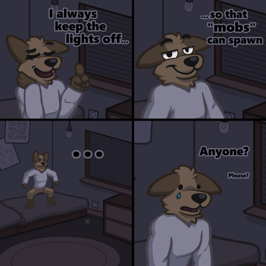 1:1 anthro ball bed blinds bodily_fluids bottomless brown_body brown_ears carpet cel_shading clothed clothing comic darkness detailed_background dialogue digital_media_(artwork) drawer explaining eyebrows eyes_closed furniture hi_res inside light_bulb lonely looking_at_viewer luhrak male microsoft minecraft mojang on_bed open_mouth pose poster qr_code raised_eyebrow raised_finger rug sad shaded shirt shirt_only silly simple_shading smug smug_face socket solo standing_on_bed standing_on_object tears text topwear topwear_only waiting white_clothing white_eyes white_shirt white_topwear xbox_game_studios yellow_body