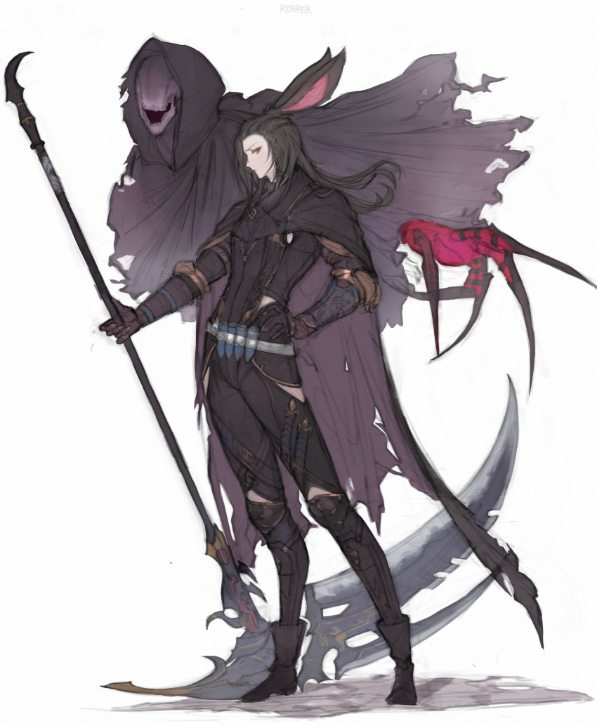 1boy absurdres animal_ears belt black_cape black_footwear black_hair braid cape closed_mouth final_fantasy final_fantasy_xiv floating_hair from_side full_body hand_on_own_hip highres holding holding_scythe long_hair looking_at_viewer looking_to_the_side male_focus rabbit_ears reaper_(final_fantasy) reaper_avatar_(ff14) red_eyes scythe sideways_glance simple_background standing tladpwl03 torn_cape torn_clothes two-sided_cape two-sided_fabric viera white_background