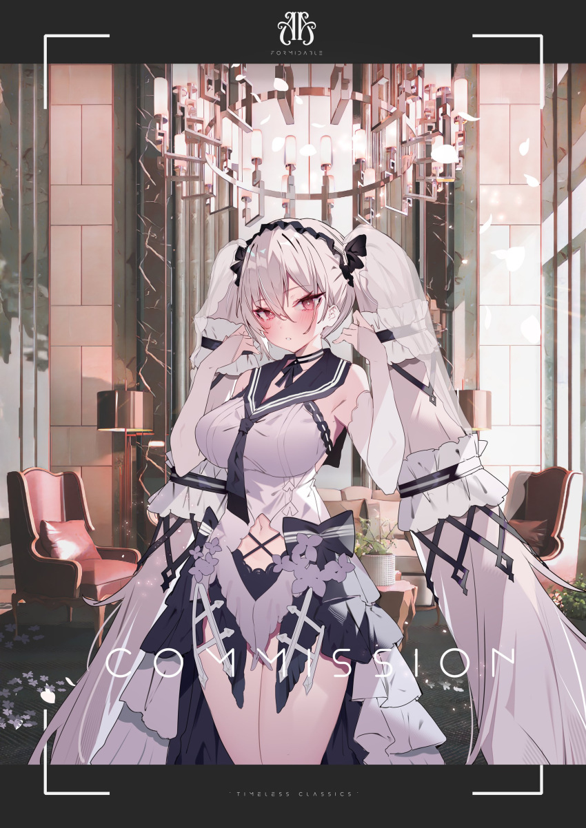 1girl absurdly_long_hair absurdres azur_lane bare_shoulders black_bow black_choker black_neckerchief black_ribbon black_sailor_collar bow breasts chair choker clothing_cutout cowboy_shot dress dress_bow dress_flower feather_dress formidable_(azur_lane) formidable_(timeless_classics)_(azur_lane) grey_hair hair_bow hairband hands_up highres indoors large_breasts long_hair navel_cutout neckerchief official_alternate_costume red_eyes ribbon sailor_collar sleeveless sleeveless_dress solo soukou_makura twintails two-tone_dress two-tone_ribbon veil very_long_hair white_dress window