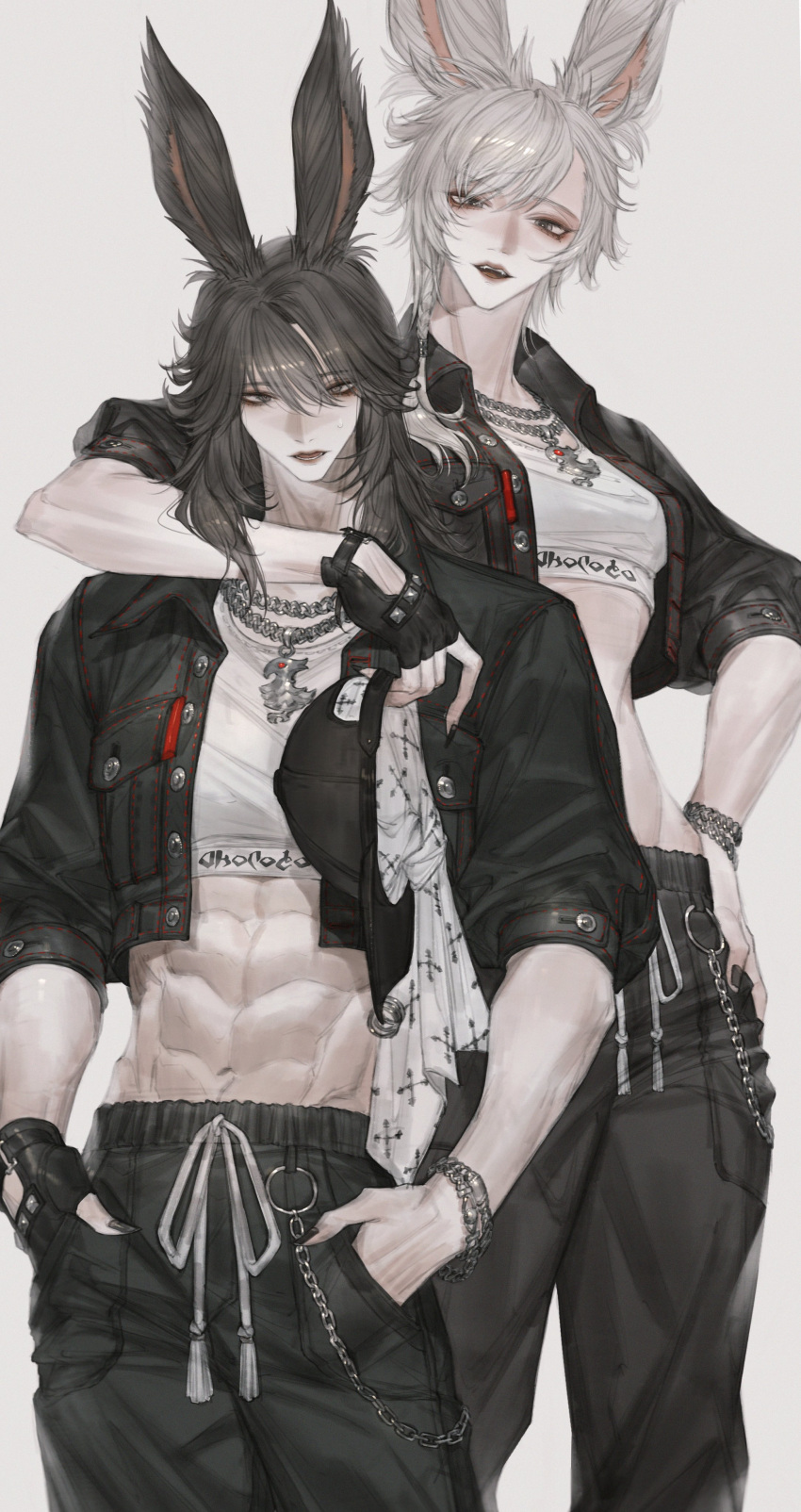 1boy 1girl absurdres animal_ears arm_around_neck asymmetrical_hair black_gloves black_hair black_jacket black_nails clothes_writing crop_top cropped_jacket final_fantasy final_fantasy_xiv fingerless_gloves fingernails gloves grey_eyes head_tilt height_difference highres jacket jewelry long_hair looking_at_viewer nail_polish navel necklace parted_lips rabbit_ears shirt short_hair short_sleeves smile sweatdrop tall_female tladpwl03 toned toned_male warrior_of_light_(ff14) white_shirt