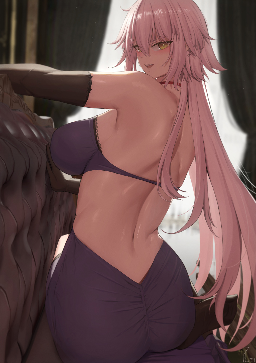 1girl absurdres black_gloves blush breasts commentary dress elbow_gloves english_commentary fate/grand_order fate_(series) from_behind gloves highres indoors jeanne_d'arc_alter_(avenger)_(fate) jeanne_d'arc_alter_(fate) kakeku large_breasts long_hair looking_at_viewer official_alternate_costume open_mouth purple_dress sitting smile solo white_hair yellow_eyes