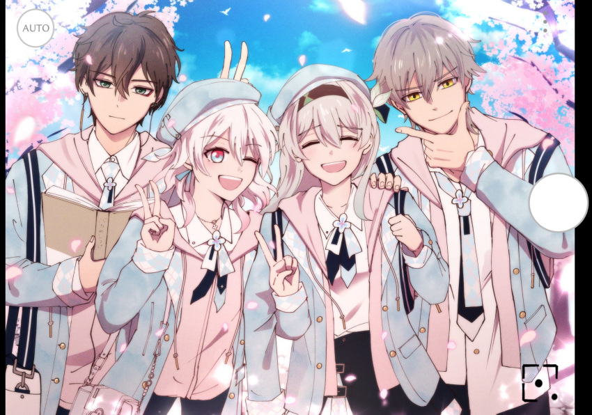 2boys 2girls :d bag black_hair black_hairband blue_coat book caelus_(honkai:_star_rail) cherry_blossoms coat collared_shirt dan_heng_(honkai:_star_rail) firefly_(honkai:_star_rail) green_eyes grey_hair hair_ornament hairband hand_on_own_chin hat highres holding holding_book honkai:_star_rail honkai_(series) long_hair looking_at_viewer march_7th_(honkai:_star_rail) mikage033 multiple_boys multiple_girls neckerchief necktie one_eye_closed pink_hair school_uniform selfie shirt short_hair shoulder_bag smile trailblazer_(honkai:_star_rail) two-tone_eyes v white_shirt yellow_eyes