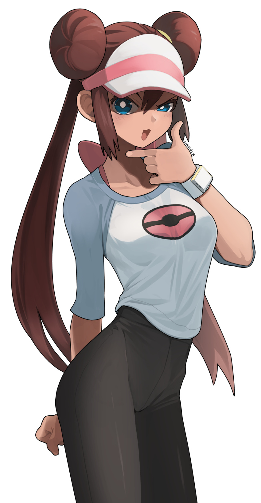 1girl :d absurdres black_pantyhose blue_eyes blush bright_pupils brown_hair clip_studio_paint_(medium) collarbone commentary_request cowboy_shot double_bun eudetenis eyelashes hair_bun half-closed_eye hand_on_own_chin hand_up highres long_hair looking_at_viewer open_mouth pantyhose pokemon pokemon_bw2 raglan_sleeves rosa_(pokemon) shirt simple_background smile solo stroking_own_chin twintails visor_cap white_background white_pupils xtransceiver