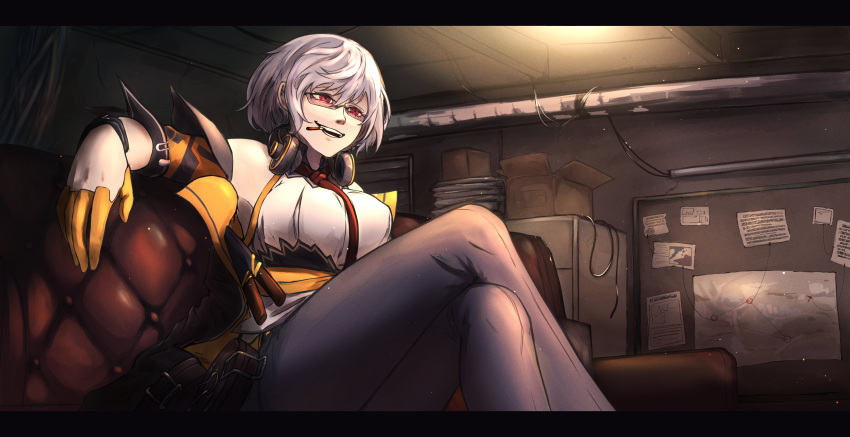 1girl absurdres breasts commentary commentary_request couch gf_hatter girls'_frontline glasses gloves half_gloves headphones headphones_around_neck highres indoors knife magazine_(weapon) necktie open_mouth pants red_eyes red_necktie sheath sheathed sitting smile solo teeth thompson_(girls'_frontline)