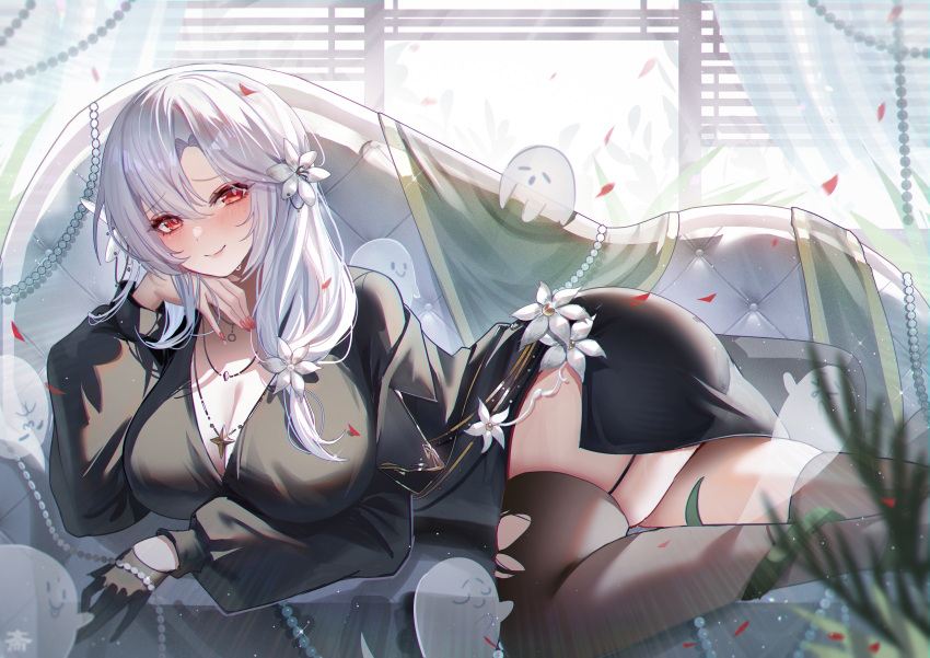 1girl absurdres black_gloves black_skirt black_thighhighs blush breasts cleavage closed_mouth commentary commission couch english_commentary feet_out_of_frame ghost gloves hair_ornament highres indoors jewelry large_breasts long_hair looking_at_viewer lying necklace on_side original red_eyes skirt smile tansuan_(ensj3875) thighhighs thighs torn_clothes torn_thighhighs white_hair