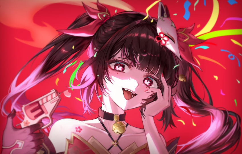 1girl arin_art bare_shoulders bell black_choker black_gloves brown_hair butterfly-shaped_pupils choker collarbone confetti criss-cross_halter dress flower_tattoo fox_mask gloves gun halterneck hand_on_own_face highres honkai:_star_rail honkai_(series) looking_at_viewer mask mask_on_head neck_bell o-ring open_mouth red_background red_dress red_eyes red_nails revolver sidelocks single_glove snubnosed_revolver solo sparkle_(honkai:_star_rail) symbol-shaped_pupils tattoo teeth twintails upper_body weapon