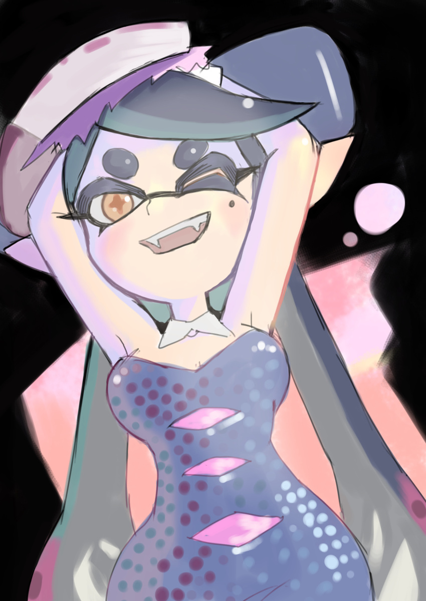 1girl absurdres arms_up black_hair black_jumpsuit bow-shaped_hair breasts callie_(splatoon) detached_collar earrings fangs flipped_hair food food_on_head gloves gradient_hair highres hoop_earrings inkling jewelry jumpsuit long_hair mole mole_under_eye multicolored_hair object_on_head one_eye_closed pointy_ears short_jumpsuit splatoon_(series) squid squid_girl strapless stretching sushi swept_bangs tentacle_hair tombiham twintails upper_body white_gloves yellow_eyes