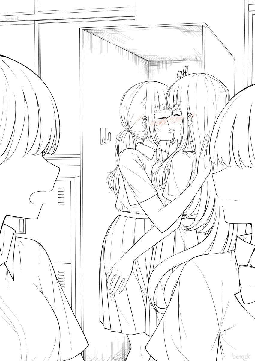 4girls absurdres betock blush closed_eyes collared_shirt commentary_request greyscale highres hug in_locker indoors kiss long_hair monochrome multiple_girls open_clothes original pleated_skirt ponytail school school_uniform shirt short_sleeves skirt smile spot_color sweat x-ray yuri
