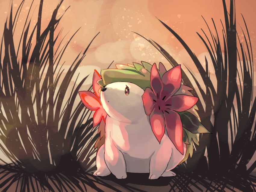 flower flower_head full_body fusenryo grass green_fur hedgehog looking_up pokemon pokemon_(creature) shaymin shaymin_(land) solo white_fur