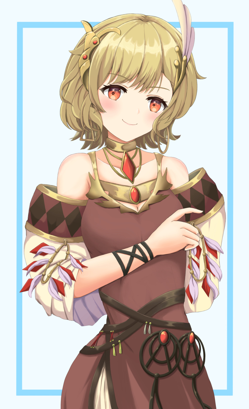absurdres bare_shoulders blonde_hair brown_dress citrinne_(fire_emblem) dress earrings feather_hair_ornament feathers fire_emblem fire_emblem_engage gold_choker gold_trim hair_ornament highres hoop_earrings jewelry leather_wrist_straps mismatched_earrings patty_ojisan red_eyes wing_hair_ornament