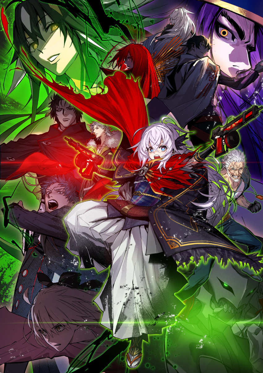 5girls 6+boys absurdres ahoge armor beard belt black_coat blonde_hair clenched_hand cloak coat dual_wielding facial_hair fate/grand_order fate_(series) fingerless_gloves gloves grey_hair gun hakama hakama_pants hattori_takeo_(fate) highres hijikata_toshizou_(fate) holding holding_gun holding_weapon imagawa_yoshimoto_(fate) itou_kashitarou_(fate) jacket jacket_on_shoulders japanese_clothes kimono long_hair multicolored_hair multiple_boys multiple_girls nagakura_shinpachi_(fate) nagao_kagetora_(fate) oda_nobunaga_(fate) oda_nobunaga_(maou_avenger)_(fate) okita_souji_(fate) okita_souji_(koha-ace) onohino pants pink_kimono red_cloak red_hair saika_magoichi_(fate) saitou_hajime_(fate) scar scar_on_face smile takeda_shingen_(fate) two-tone_hair uesugi_kenshin_(fate) uesugi_kenshin_(first_ascension)_(fate) uesugi_kenshin_(third_ascension)_(fate) weapon white_hair