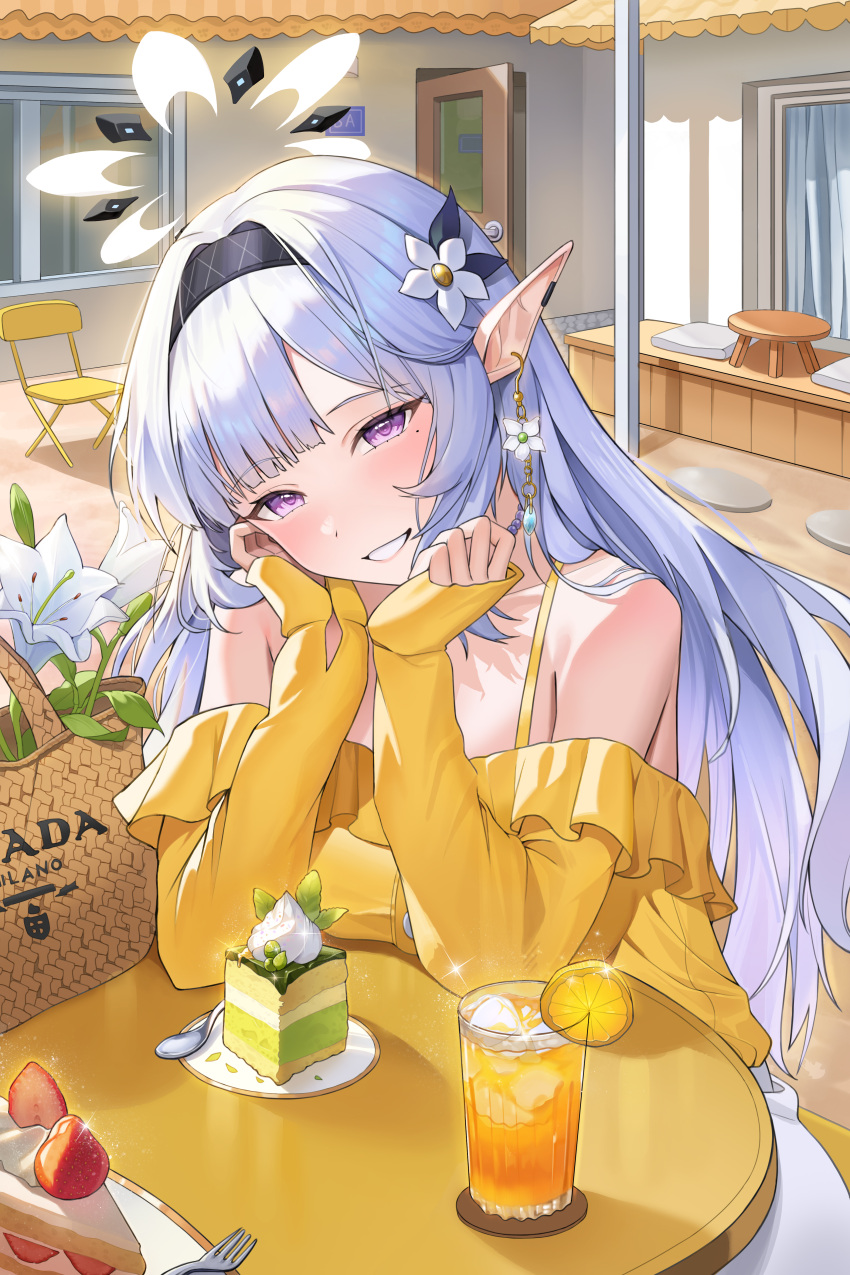 1girl absurdres alternate_breast_size alternate_costume bag bare_shoulders blue_archive breasts cake cake_slice chair commentary_request cup dress drop_earrings earclip earrings flower food fork grey_hair grin hair_flower hair_ornament halo head_rest head_tilt highres himari_(blue_archive) jewelry kookie large_breasts long_hair long_sleeves looking_at_viewer mole mole_under_eye off-shoulder_dress off_shoulder outdoors own_hands_together pointy_ears purple_eyes sitting smile solo spoon white_flower white_halo yellow_dress