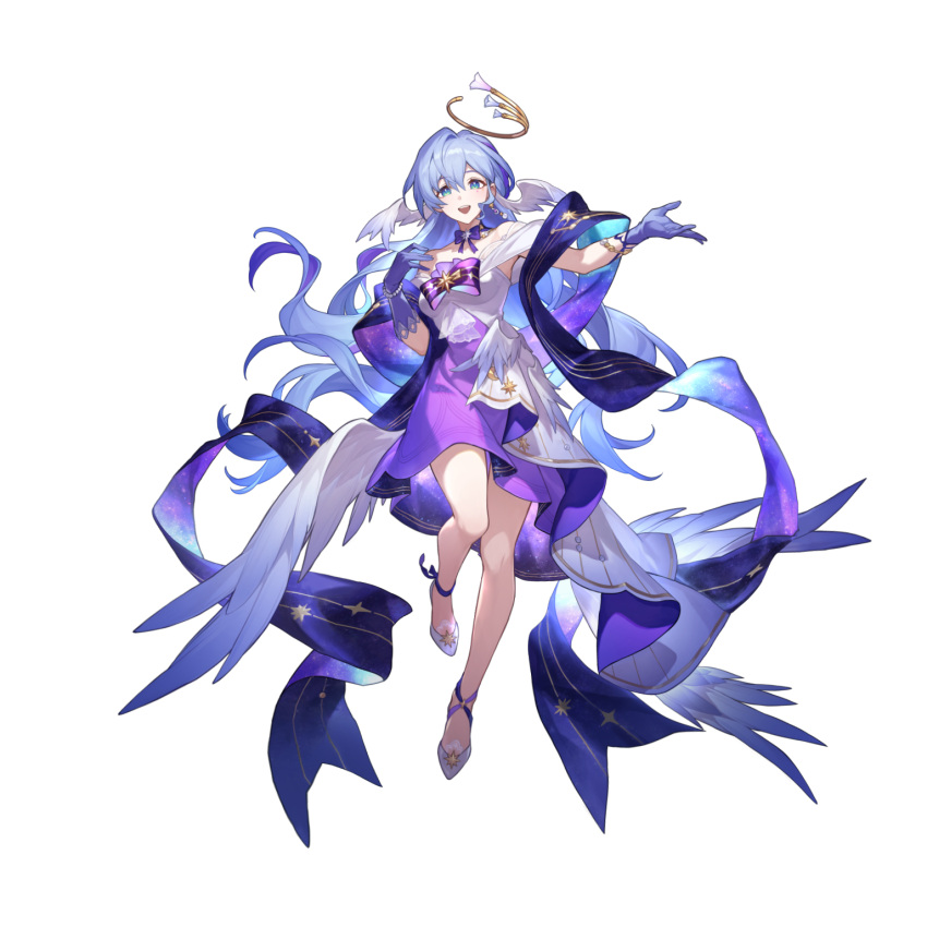 1girl :d bare_legs bare_shoulders blue_eyes blue_gloves blue_hair bow bowtie breasts gloves green_eyes halo head_wings high_heels highres honkai:_star_rail honkai_(series) long_hair looking_at_viewer medium_breasts off-shoulder_shirt off_shoulder official_alternate_costume official_art open_mouth purple_bow purple_bowtie purple_gloves purple_scarf purple_skirt robin_(honkai:_star_rail) scarf shirt shoes short_sleeves skirt smile solo transparent_background very_long_hair white_footwear white_shirt wings