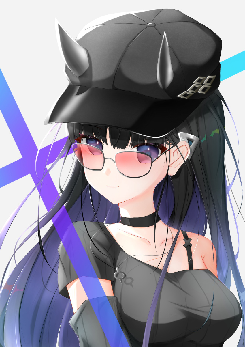 1girl absurdres azur_lane black_bra black_choker black_hair black_hat black_shirt blue_eyes bra choker closed_mouth collarbone hat hat_horns highres kisekibosi long_hair looking_at_viewer noshiro_(azur_lane) official_alternate_costume peaked_cap pink-tinted_eyewear shirt simple_background single_bare_shoulder smile solo tinted_eyewear underwear upper_body white_background