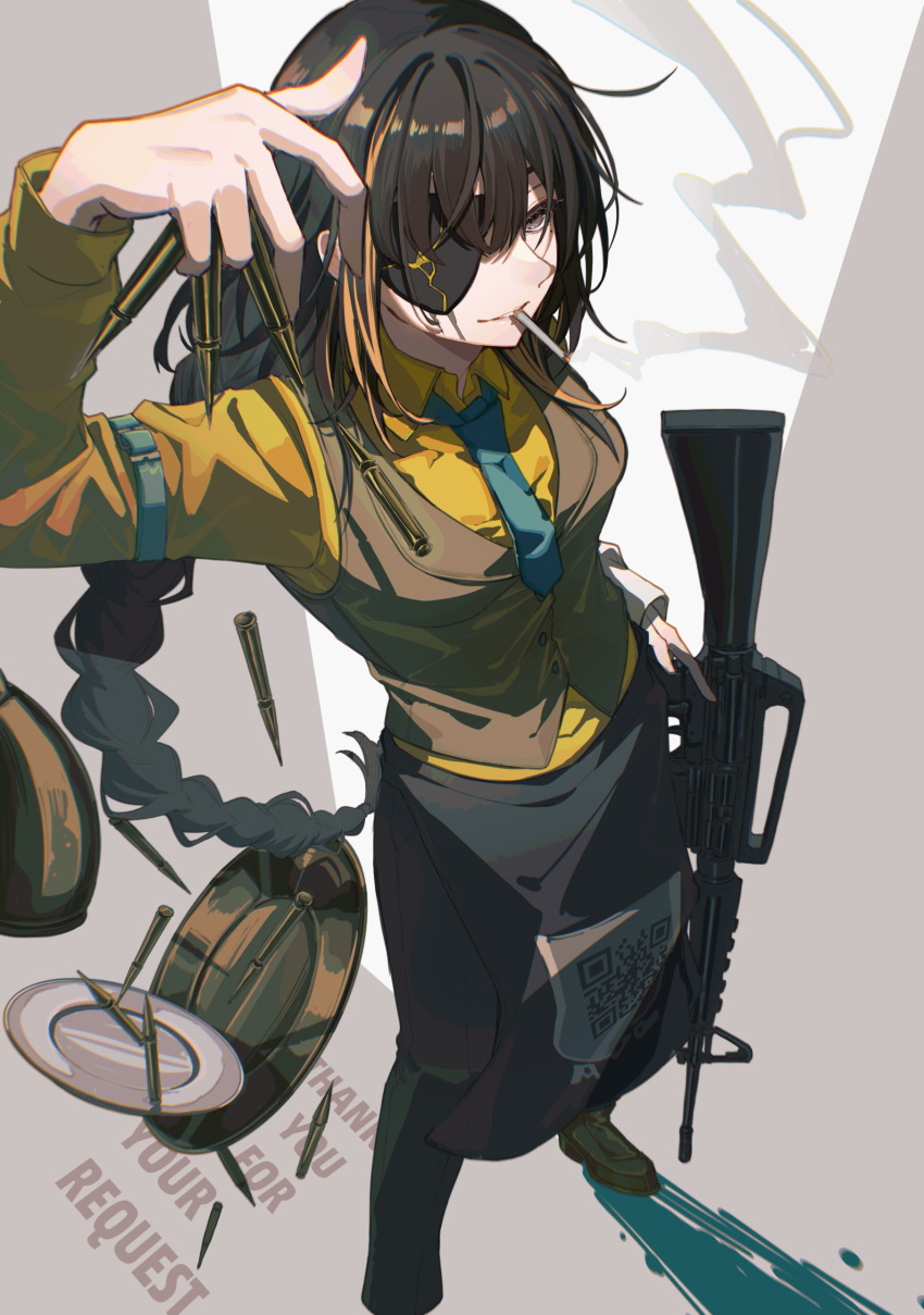 1girl absurdres apron assault_rifle black_apron black_hair black_pants blue_necktie brown_eyes bullet cigarette collared_shirt eyepatch foot_out_of_frame full_body girls'_frontline gun hand_up highres holding holding_bullet holding_gun holding_weapon long_braid long_hair looking_at_viewer m16 m16a1_(fairy_kingdom_brew)_(girls'_frontline) m16a1_(girls'_frontline) mole mole_under_eye multicolored_hair necktie official_alternate_costume orange_hair pants qr_code rabb_horn rifle scar scar_across_eye shirt shoes short_necktie smoking solo streaked_hair thank_you waist_apron weapon yellow_shirt