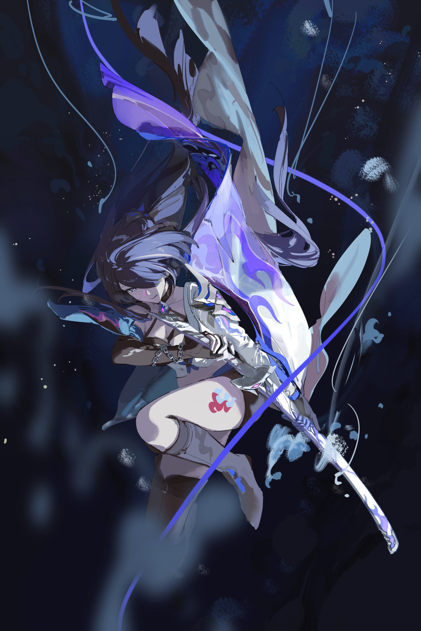 1girl absurdres acheron_(honkai:_star_rail) armor black_footwear black_gloves black_shorts boots breasts chain_around_arm falling full_body gloves halterneck highres holding holding_sword holding_weapon honkai:_star_rail honkai_(series) katana leg_tattoo long_hair long_sleeves looking_down midriff purple_hair rafaelaaa scabbard sheath short_shorts shorts shoulder_armor solo sword tattoo thighs unsheathing very_long_hair weapon