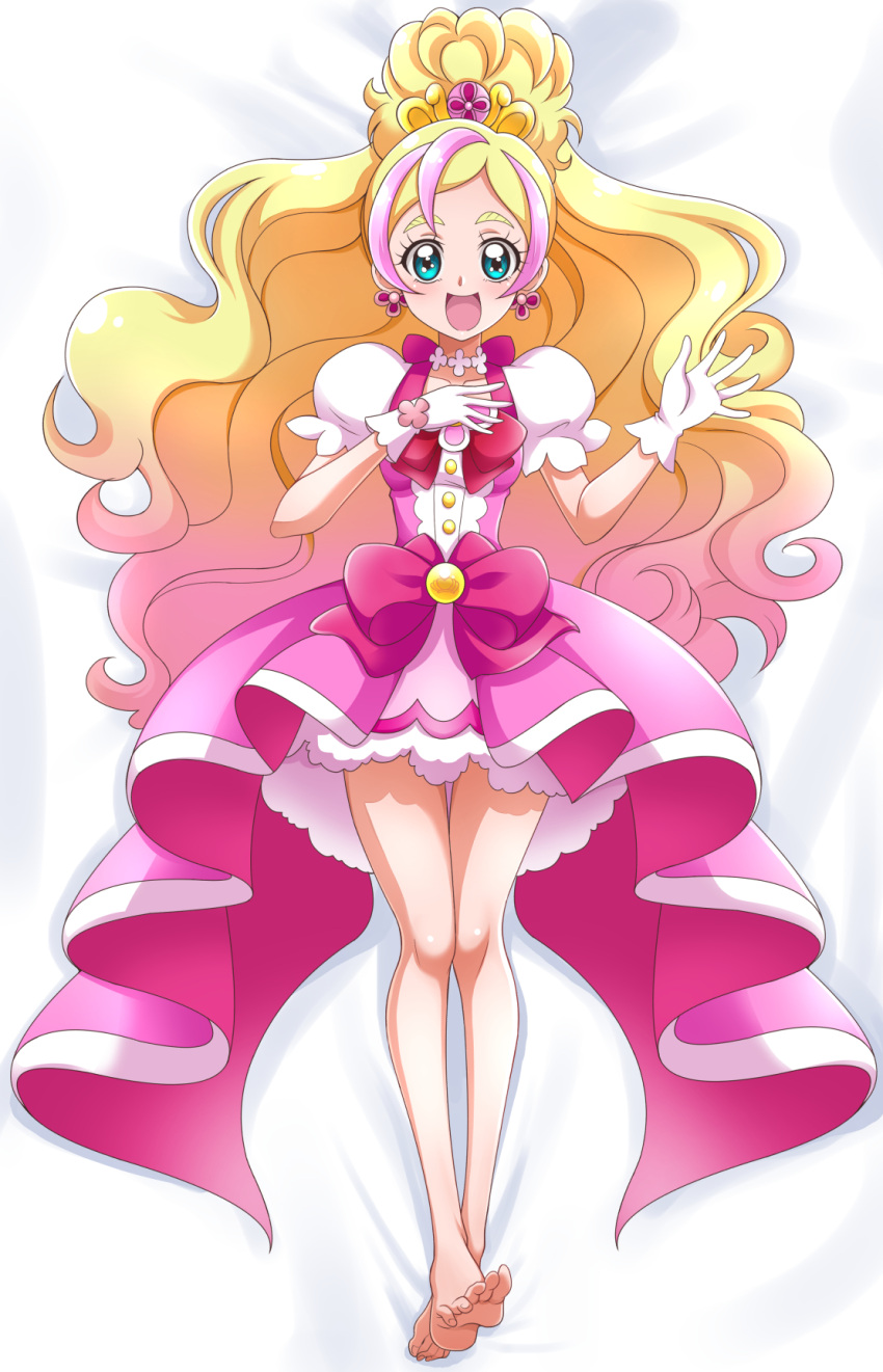 1girl barefoot bed_sheet blonde_hair bow bowtie commentary_request cure_flora dress earrings from_above full_body gloves go!_princess_precure hand_on_own_chest hanzou haruno_haruka highres jewelry long_hair looking_at_viewer lying magical_girl medium_dress multicolored_hair on_back on_bed open_mouth partial_commentary petticoat pink_bow pink_dress pink_hair precure puffy_short_sleeves puffy_sleeves red_bow red_bowtie short_sleeves smile solo streaked_hair tiara two-tone_hair waist_bow wavy_hair