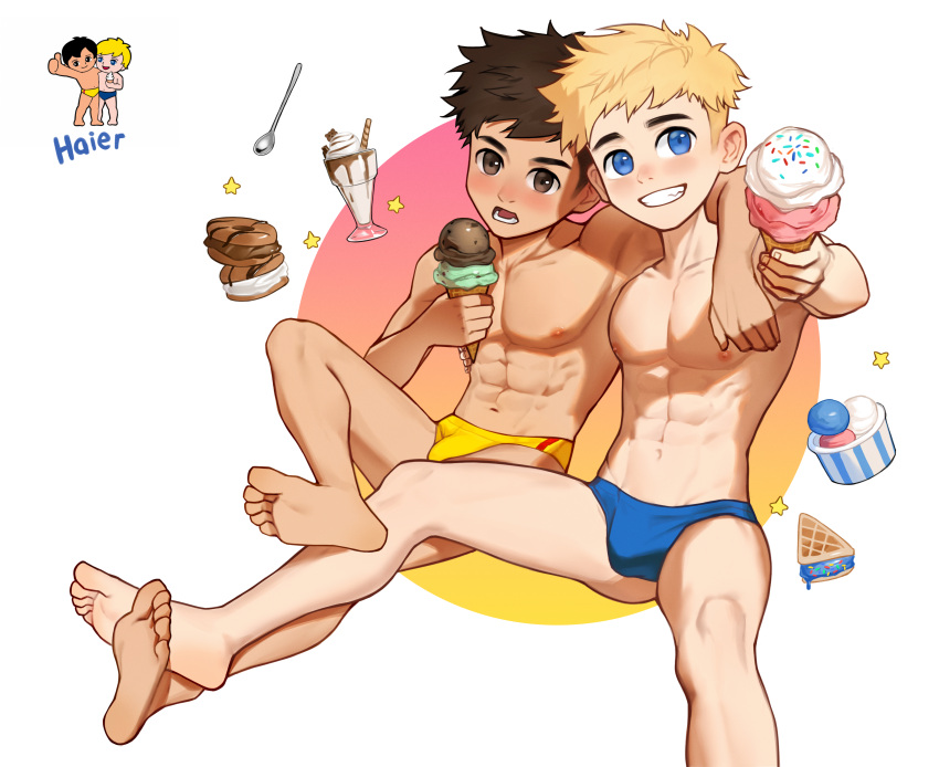 2girls abs absurdres arm_around_shoulder barefoot black_hair blonde_hair blue_eyes blue_male_swimwear brown_eyes bulge doughnut food grin haier_xiongdi highres ice_cream male_focus male_swimwear multiple_girls pie rock_sugar short_hair sitting smile spoon swim_briefs toned toned_male yellow_male_swimwear