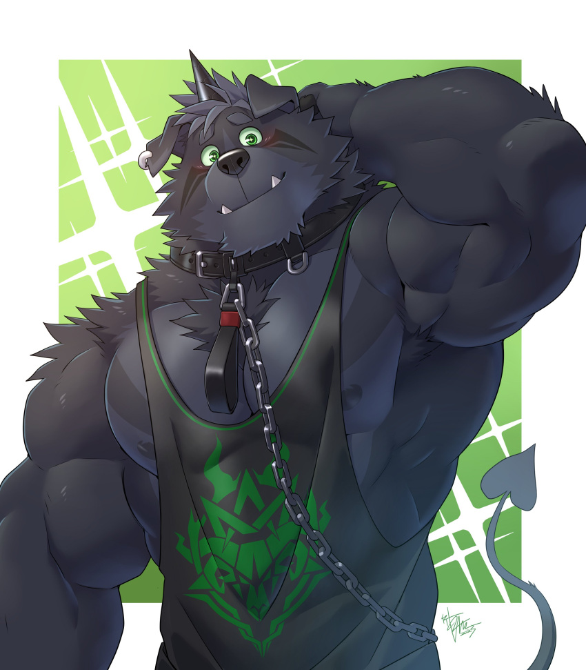 1boy absurdres amduscias_(housamo) animal_collar animal_ears arashi_takemoto arm_behind_head armpit_hair bara black_fur border chain collar demon_tail ear_piercing facial_mark furry furry_male green_eyes highres horns large_pectorals looking_at_viewer male_focus muscular muscular_male nipple_slip nipples outside_border pectorals piercing short_hair signature single_horn smile snout solo sparkle_background stringer tail thick_arms thick_eyebrows tokyo_afterschool_summoners tusks two-tone_fur upper_body white_border