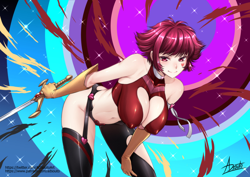 1girl adsouto breasts collarbone covered_nipples cutie_honey cutie_honey_(character) cutie_honey_universe facial_tattoo garter_straps gloves hand_on_own_thigh highres holding holding_sword holding_weapon large_breasts leaning_forward looking_at_viewer navel red_eyes red_hair short_hair signature smile solo sword tattoo thighhighs variant_set weapon yellow_gloves