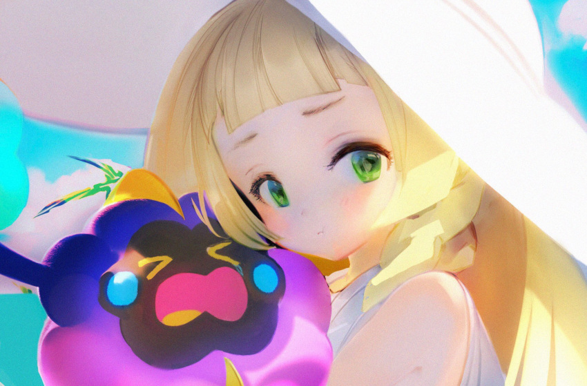 &gt;_&lt; 1girl bare_shoulders blonde_hair blue_sky blunt_bangs blush braid closed_eyes closed_mouth cloud cosmog crying day dress green_eyes half-closed_eyes hat highres hug lillie_(pokemon) looking_at_viewer open_mouth pokemon pokemon_(creature) pokemon_sm pout sad shiratsuyu_mone sky sleeveless sleeveless_dress sun_hat twin_braids upper_body