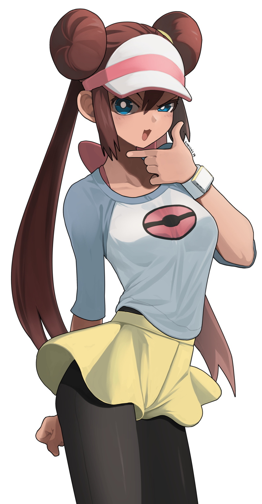 1girl :d absurdres black_pantyhose blue_eyes blush bright_pupils brown_hair clip_studio_paint_(medium) collarbone commentary_request cowboy_shot double_bun eudetenis eyelashes hair_bun half-closed_eye hand_on_own_chin hand_up highres long_hair looking_at_viewer open_mouth pantyhose pokemon pokemon_bw2 raglan_sleeves rosa_(pokemon) shirt shorts simple_background smile solo stroking_own_chin twintails visor_cap white_background white_pupils xtransceiver yellow_shorts