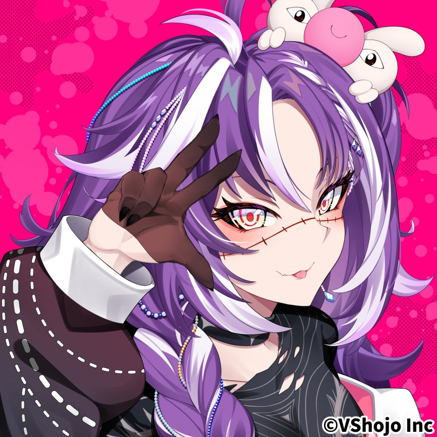 1girl :p ahoge akagi_(sk0127aho) black_choker black_shirt braid choker close-up copyright_notice earrings eyelashes gloves grey_eyes hair_ornament half_gloves highres jewelry long_braid long_hair michi_mochievee multicolored_hair pink_background purple_hair shirt solo stitched_face stitches streaked_hair tongue tongue_out torn_clothes torn_shirt two-tone_hair v virtual_youtuber vshojo white_hair