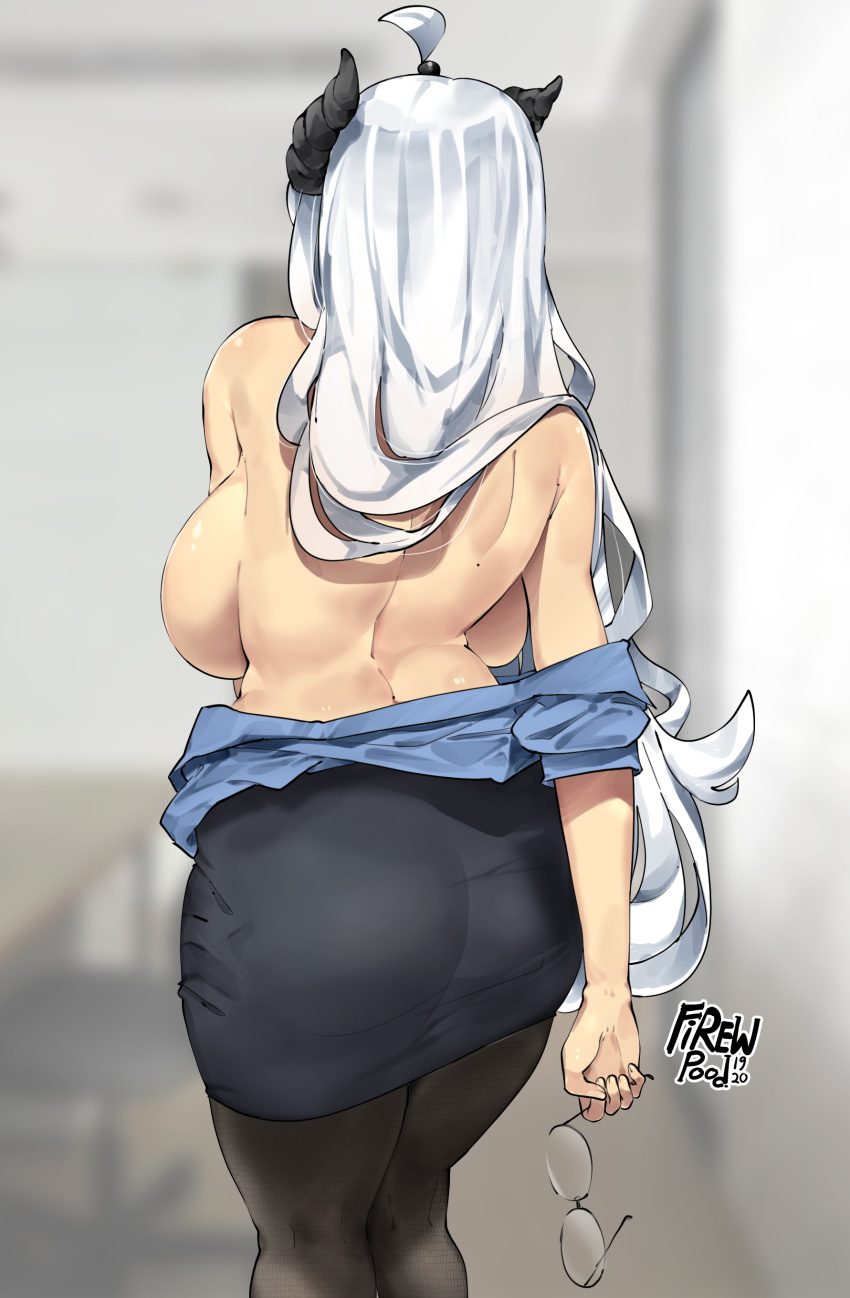 1girl absurdres ahoge arm_at_side artist_name back backboob black_horns black_pantyhose black_skirt blue_shirt blurry blurry_background breasts clothes_pull facing_away feet_out_of_frame firewpood from_behind glasses hair_over_shoulder highres holding holding_removed_eyewear horns large_breasts long_hair miniskirt mole mole_on_back original pantyhose pencil_skirt shirt shirt_pull skirt solo standing topless unworn_eyewear very_long_hair white_hair