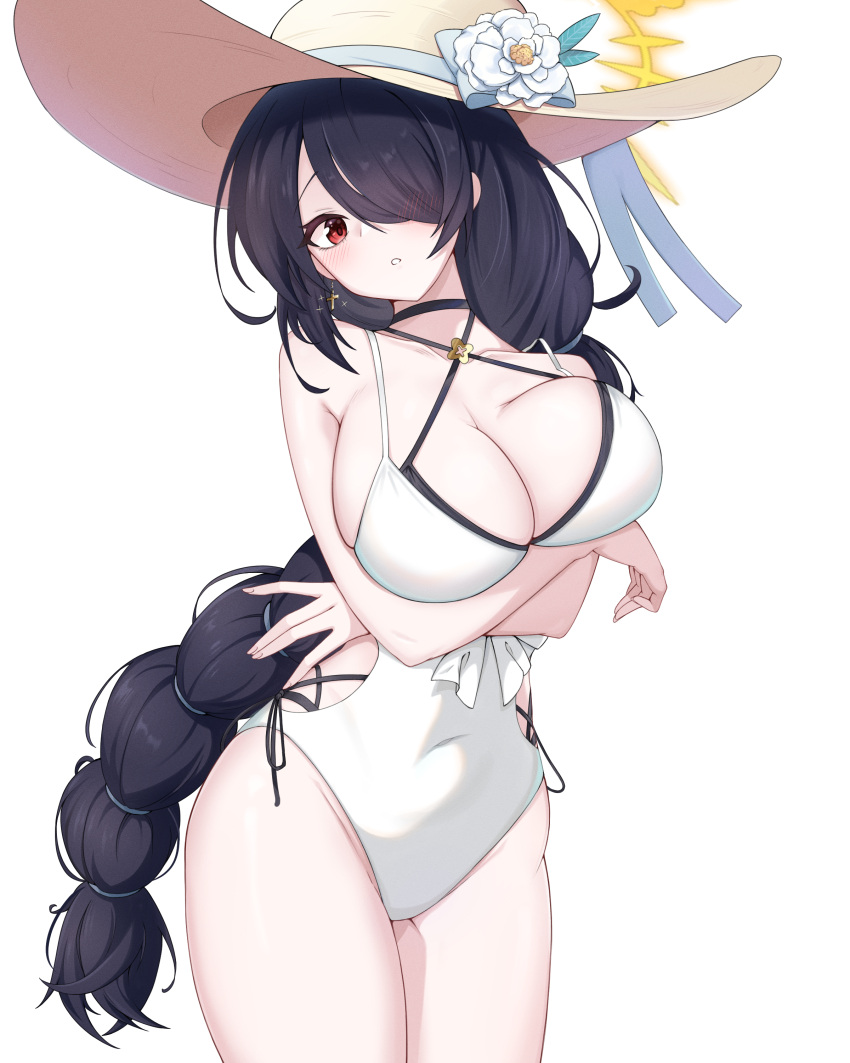 1girl \||/ absurdres arms_under_breasts bikini black_bikini black_choker black_hair blue_archive blush breasts casual_one-piece_swimsuit choker cleavage collarbone covered_navel cowboy_shot cross cross_earrings crossed_arms earrings flower hair_over_one_eye halo hasarang hat hat_flower highres hinata_(blue_archive) hinata_(swimsuit)_(blue_archive) jewelry large_breasts long_hair multi-tied_hair official_alternate_costume one-piece_swimsuit red_eyes side-tie_bikini_bottom solo straw_hat swimsuit very_long_hair white_one-piece_swimsuit yellow_halo