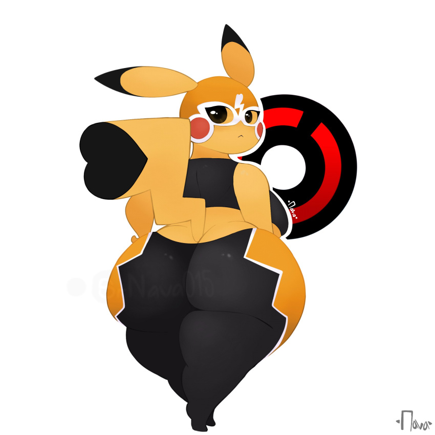 1:1 anthro beady_eyes big_breasts big_butt black_body black_bottomwear black_clothing black_eyes black_fur black_pants black_topwear bottomwear breasts butt clothing cosplay_pikachu_(costume) dipstick_tail eyelashes female fur generation_1_pokemon hi_res huge_butt looking_back markings mask nintendo orange_mask pants pikachu pikachu_libre pokemon pokemon_(species) rear_view rosy_cheeks short_stack simple_background solo sports_mask sportswear srnava015 tail tail_markings thick_thighs topwear white_background wide_hips wrestling_mask wrestling_outfit yellow_body yellow_fur