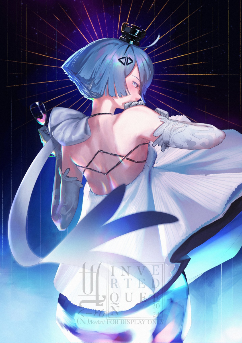 1girl ahoge blue_eyes blue_hair cowboy_shot cup dress elbow_gloves from_behind girls'_frontline gloves hair_ornament highres holding holding_cup invertedqueen looking_at_viewer looking_back official_alternate_costume short_hair solo watermark white_dress white_gloves zas_m21_(girls'_frontline) zas_m21_(white_queen)_(girls'_frontline)
