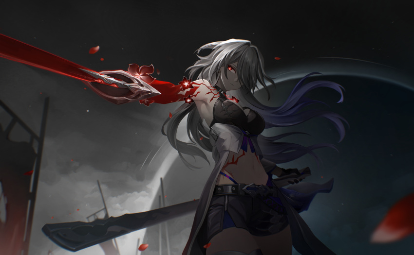 1girl absurdres acheron_(honkai:_star_rail) black_choker black_gloves black_hole black_shorts body_markings choker coat coattails detached_sleeves flower gloves glowing glowing_eye hair_over_one_eye highres holding holding_sword holding_weapon honkai:_star_rail honkai_(series) long_hair midriff navel official_alternate_color official_alternate_hair_color red_eyes red_flower short_shorts shorts single_bare_shoulder solo stomach sword unsheathed weapon white_coat white_hair ya_lei_wusheng