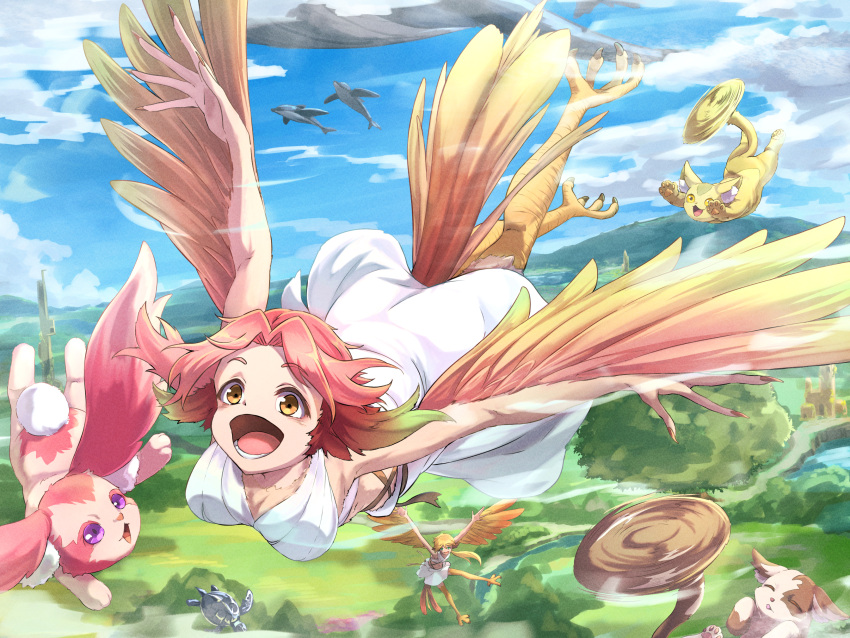2girls bird_legs bird_tail blue_sky brown_eyes cloud cloudy_sky creature dress fantasy flying flying_whale harpy highres itsudzumi monster_girl multiple_girls open_mouth original pink_hair sky smile tail whale white_dress winged_arms wings