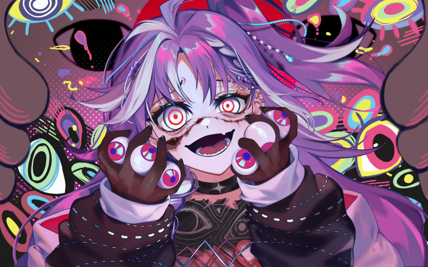 1girl bags_under_eyes black_choker black_nails black_shirt braid braided_bangs choker ear_piercing fang gloves grey_eyes highres holding_eyeball joey_ruvoa long_hair long_sleeves looking_at_viewer lower_teeth_only michi_mochievee multicolored_hair one_side_up open_mouth piercing purple_hair red_eyes shirt skin_fang smile solo stitched_face stitches streaked_hair teeth too_many_eyes torn_clothes torn_shirt virtual_youtuber vshojo white_hair