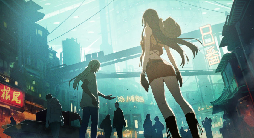 1girl bare_shoulders breasts brown_hair brown_skirt brown_vest city cowboy_hat cropped_vest crowd decoponmagi feet_out_of_frame final_fantasy final_fantasy_vii final_fantasy_vii_remake fringe_trim from_below gloves hat highres leather_skirt leather_vest long_hair medium_breasts midriff skirt tifa_lockhart tifa_lockhart_(cowgirl) vest