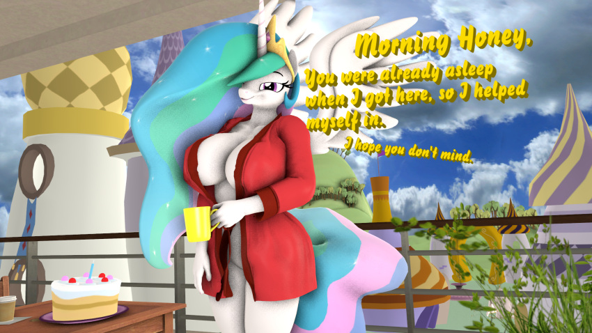 16:9 2022 3d_(artwork) 5_fingers anthro anthrofied bathrobe bathrobe_only bedroom_eyes beverage big_breasts blue_hair blue_tail breasts cake canterlot clothing coffee crown curvy_figure dessert detailed_background dialogue digital_media_(artwork) english_text equid equine ethereal_hair ethereal_tail feathered_wings feathers female fingers food friendship_is_magic fur green_hair green_tail hair hasbro headgear hi_res horn long_hair long_tail looking_at_viewer mammal mostly_nude multicolored_hair multicolored_tail my_little_pony mythological_creature mythological_equine mythology narrowed_eyes pink_hair pink_tail princess_celestia_(mlp) purple_eyes robe seductive smile solo source_filmmaker tail talking_to_viewer text that1guy thick_thighs tiara unicorn_horn voluptuous white_body white_fur widescreen winged_unicorn wings