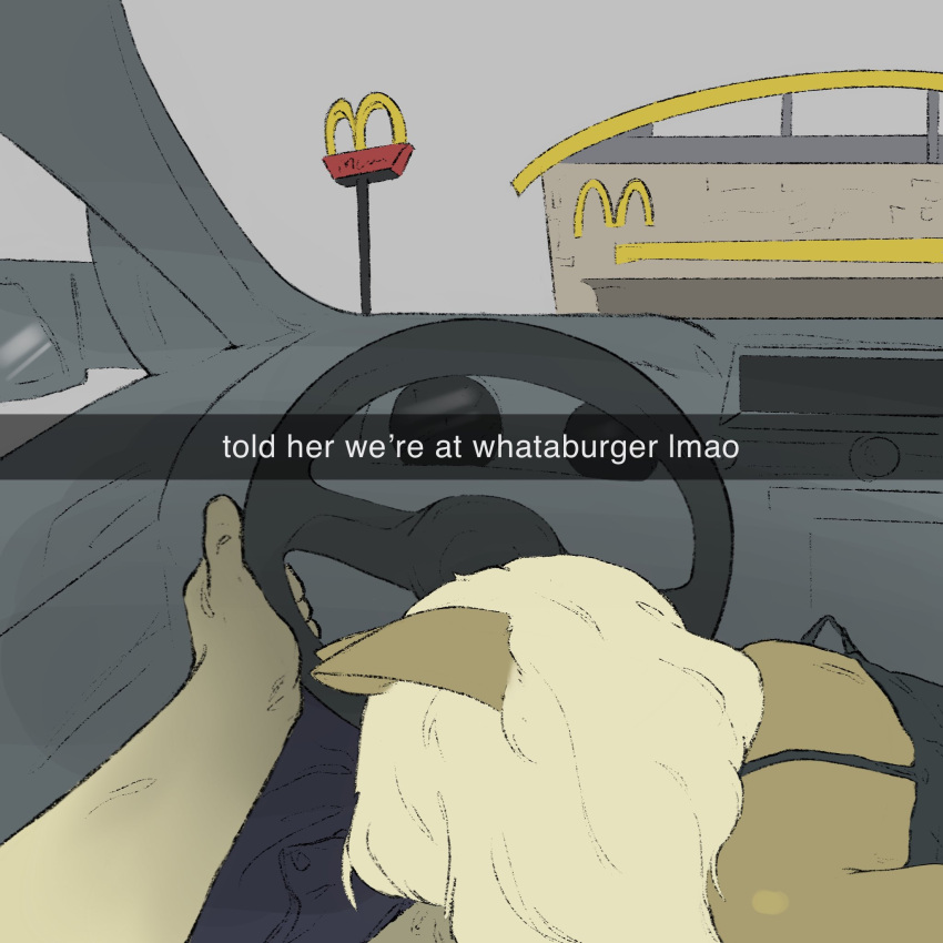 anthro car clothed clothing dialogue digital_media_(artwork) driving duo english_text fur hair hi_res implied_oral inside_car mcdonald's neeno oral roadhead sex sex_in_car snapchat text topwear vehicle