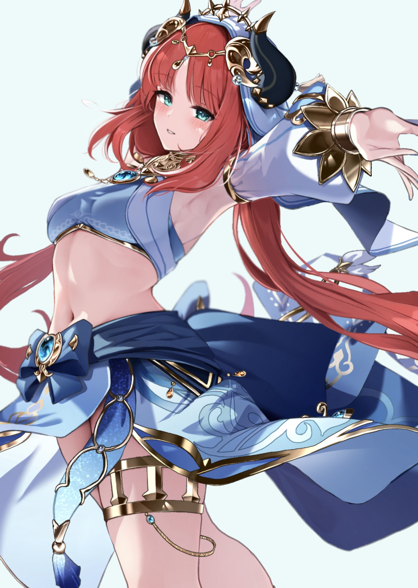 1girl armpits blue_gemstone blue_veil blush bracer breasts crop_top dancer detached_sleeves fake_horns gem genshin_impact gold_trim harem_outfit highres horns jewelry long_hair long_sleeves looking_at_viewer medium_breasts navel neck_ring nilou_(genshin_impact) puffy_long_sleeves puffy_sleeves red_hair simple_background skirt smile solo stomach thighlet tol10131 veil white_background white_headdress white_veil
