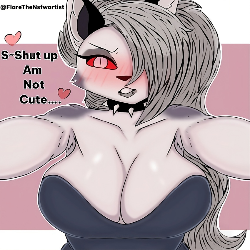 absurd_res angry anthro arms_out arms_stretched big_breasts blue_clothing blush bodily_fluids breasts canid canid_demon canine canis cleavage clothed clothing collar colored demon dialogue digital_drawing_(artwork) digital_media_(artwork) english_text eyebrows eyeshadow facial_piercing female flarethensfwartist fox fur hair hellhound helluva_boss hi_res huge_breasts lip_piercing looking_at_viewer loona_(helluva_boss) makeup mammal mythological_canine mythological_creature mythology open_mouth piercing red_sclera shaded shirt signature simple_background sketch smile solo solo_focus standing tan_body teeth text thick_thighs topwear tuft watermark white_background white_body white_fur