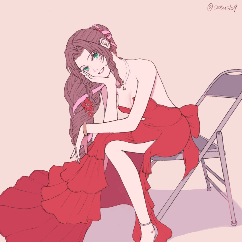 1girl aerith_gainsborough aerith_gainsborough_(red_dress) aireborn bare_shoulders bracelet breasts brown_hair chair cleavage curly_hair dress final_fantasy final_fantasy_vii final_fantasy_vii_remake flamenco_dress flower folding_chair foot_out_of_frame frilled_dress frills gold_necklace green_eyes grey_footwear grin hair_flower hair_ornament hair_ribbon head_on_hand highres jewelry long_dress long_hair looking_at_viewer medium_breasts necklace official_alternate_costume parted_bangs parted_lips pink_ribbon ponytail red_dress red_flower ribbon side_slit sidelocks sitting smile solo star_(symbol) star_necklace strapless strapless_dress strappy_heels teeth twitter_username wavy_hair