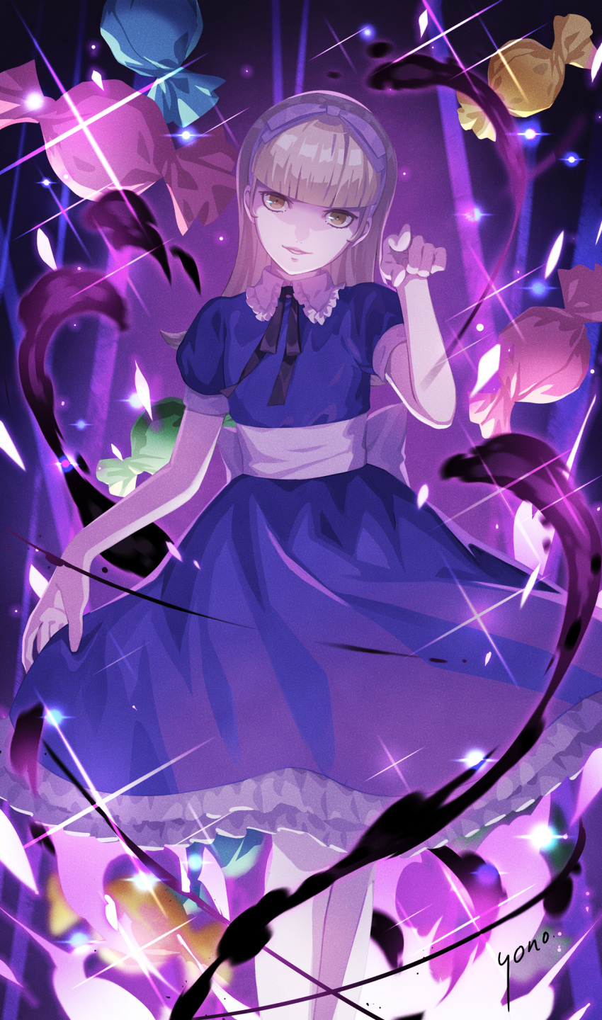 1girl alice_(megami_tensei) arm_at_side artist_name aura back_bow black_ribbon blonde_hair blue_dress blunt_bangs bow candy commentary_request dark_aura dress feet_out_of_frame food frilled_dress frills hair_ribbon hand_up highres index_finger_raised looking_at_viewer neck_ribbon parted_lips persona pointing pointing_at_viewer puffy_short_sleeves puffy_sleeves purple_ribbon ribbon shaded_face shin_megami_tensei short_sleeves skirt_hold smile solo sparkle standing white_bow yono_999