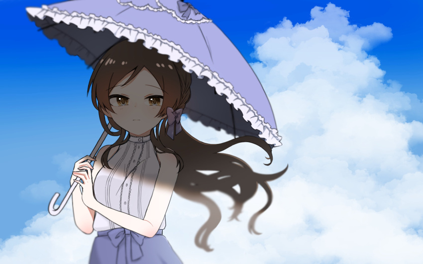 1girl bare_arms bare_shoulders black_hair blue_skirt blue_sky blue_umbrella braid breasts brown_eyes closed_mouth cloud cloudy_sky dot_nose floating_hair frilled_umbrella frills hair_ribbon highres holding holding_umbrella idolmaster idolmaster_million_live! idolmaster_million_live!_theater_days kitazawa_shiho long_hair looking_at_viewer medium_breasts parasol parted_bangs ribbon shade shirototo shirt sidelocks single_braid skirt sky sleeveless sleeveless_shirt solo straight_hair umbrella upper_body very_long_hair waist_ribbon